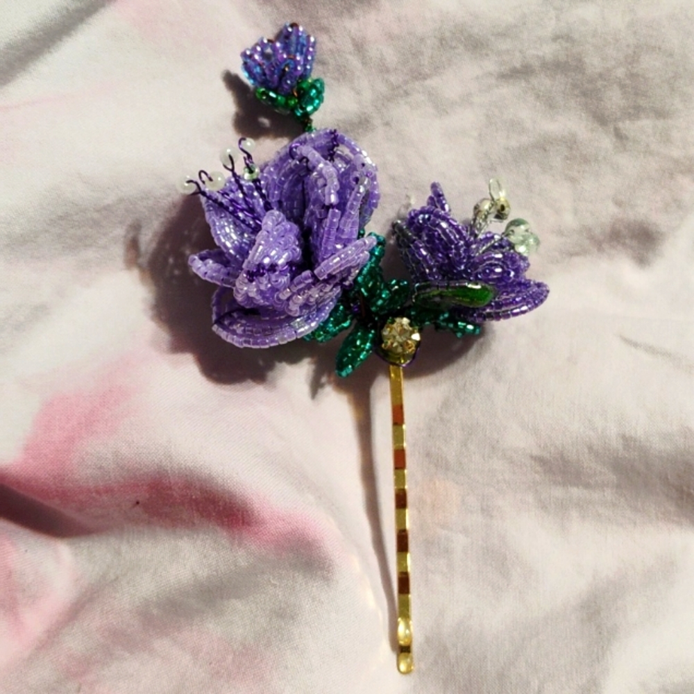 SOLD -Purple Beaded Flowers Hair Pin